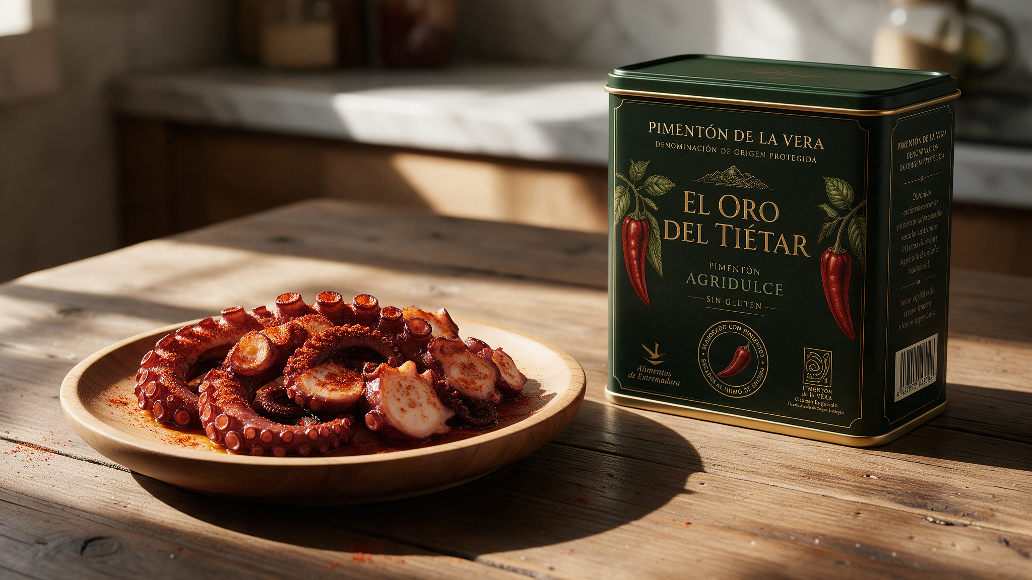 Cooked octopus tentacles on a wooden plate beside a green tin of paprika labeled El Oro del Tiétar.