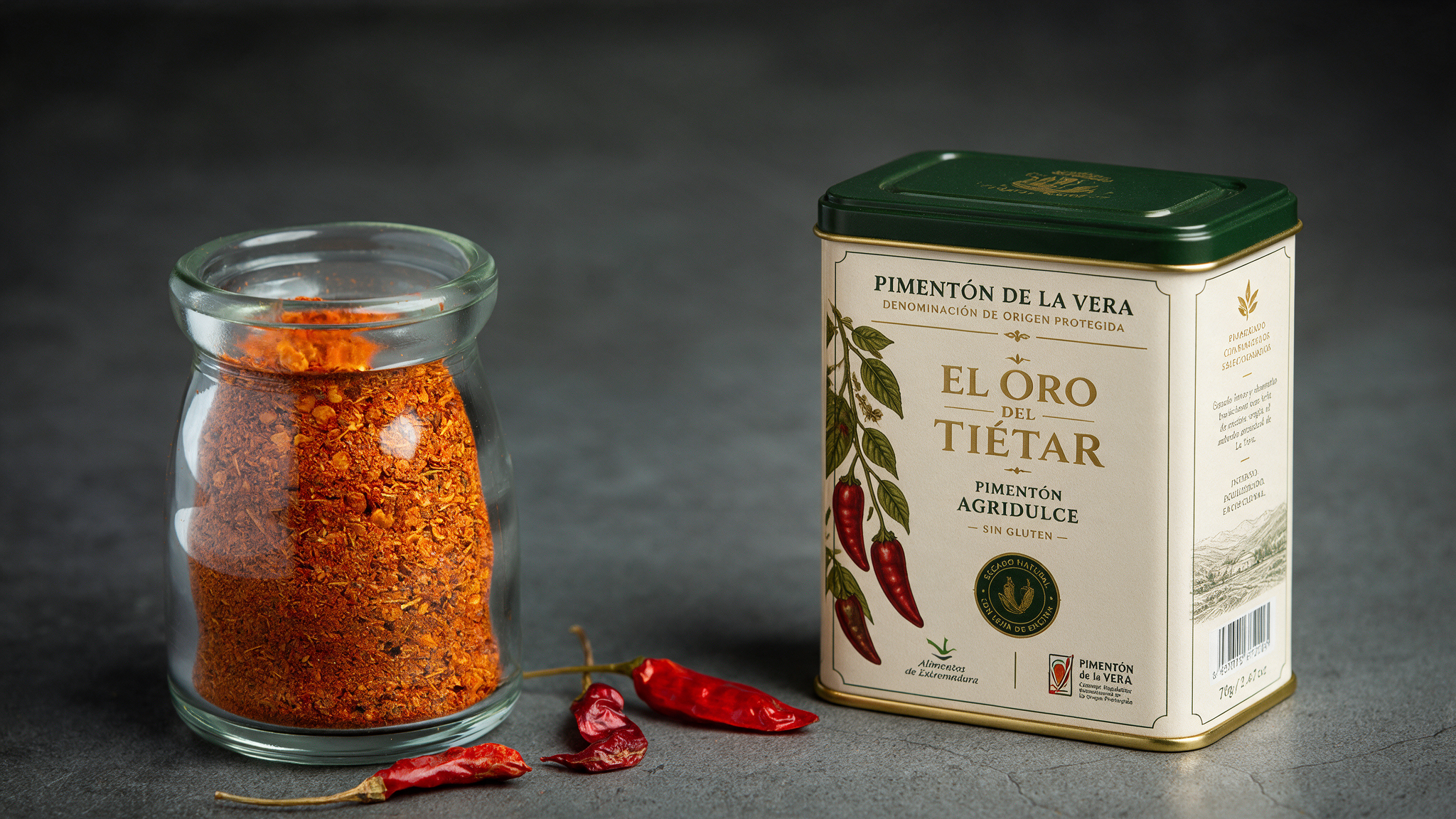 Glass jar filled with bright red chili flakes beside a beige tin labeled 'Pimentón de la Vera' with a green lid on a dark background.