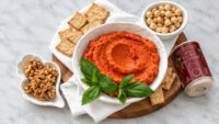 Romesco-style red pepper dip with fresh basil, surrounded by crackers and bowls of nuts on a marble surface.