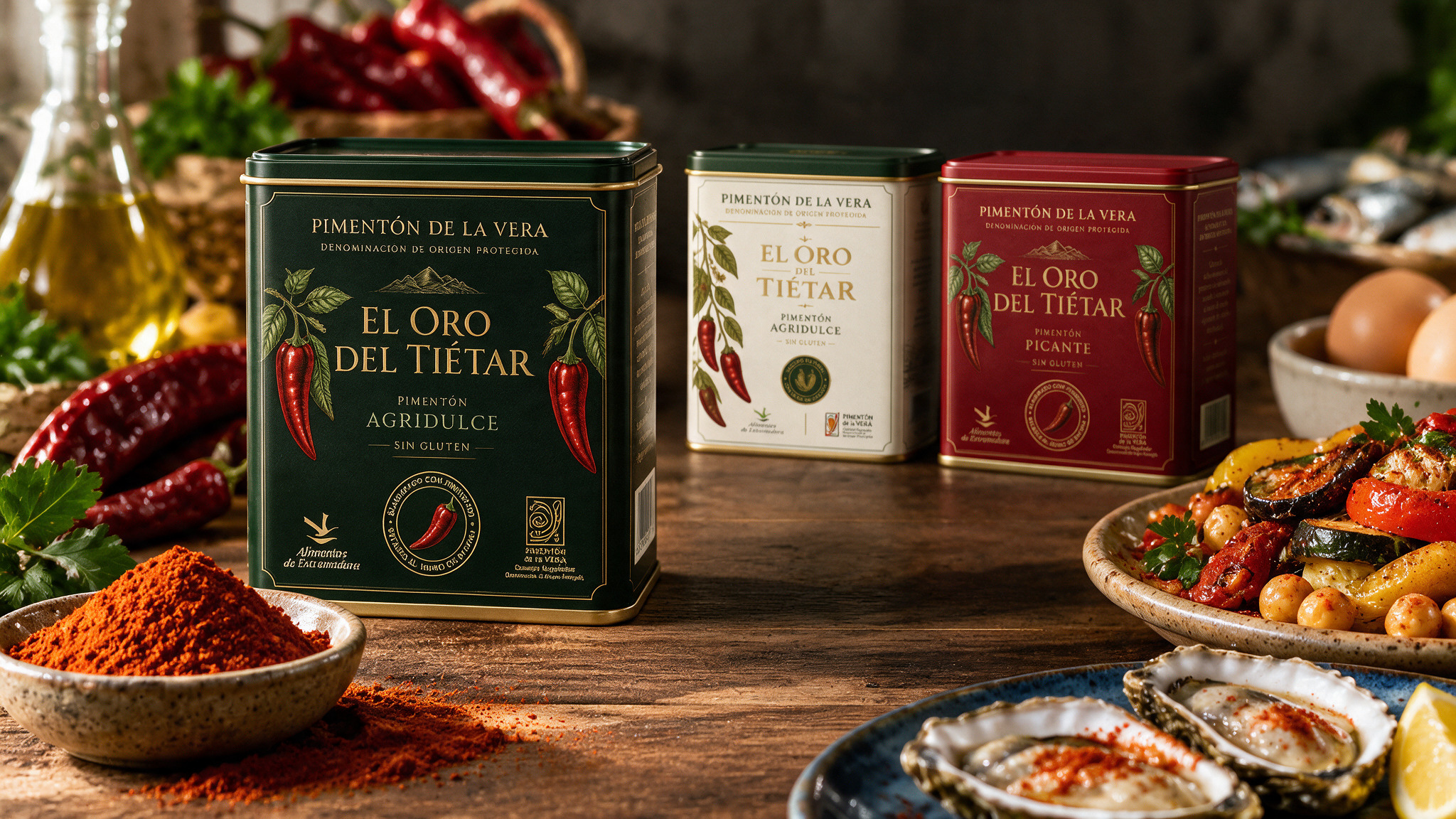 Three El Oro del Tiétar paprika tins (green, white, red) on a wooden table with peppers and roasted vegetables nearby.