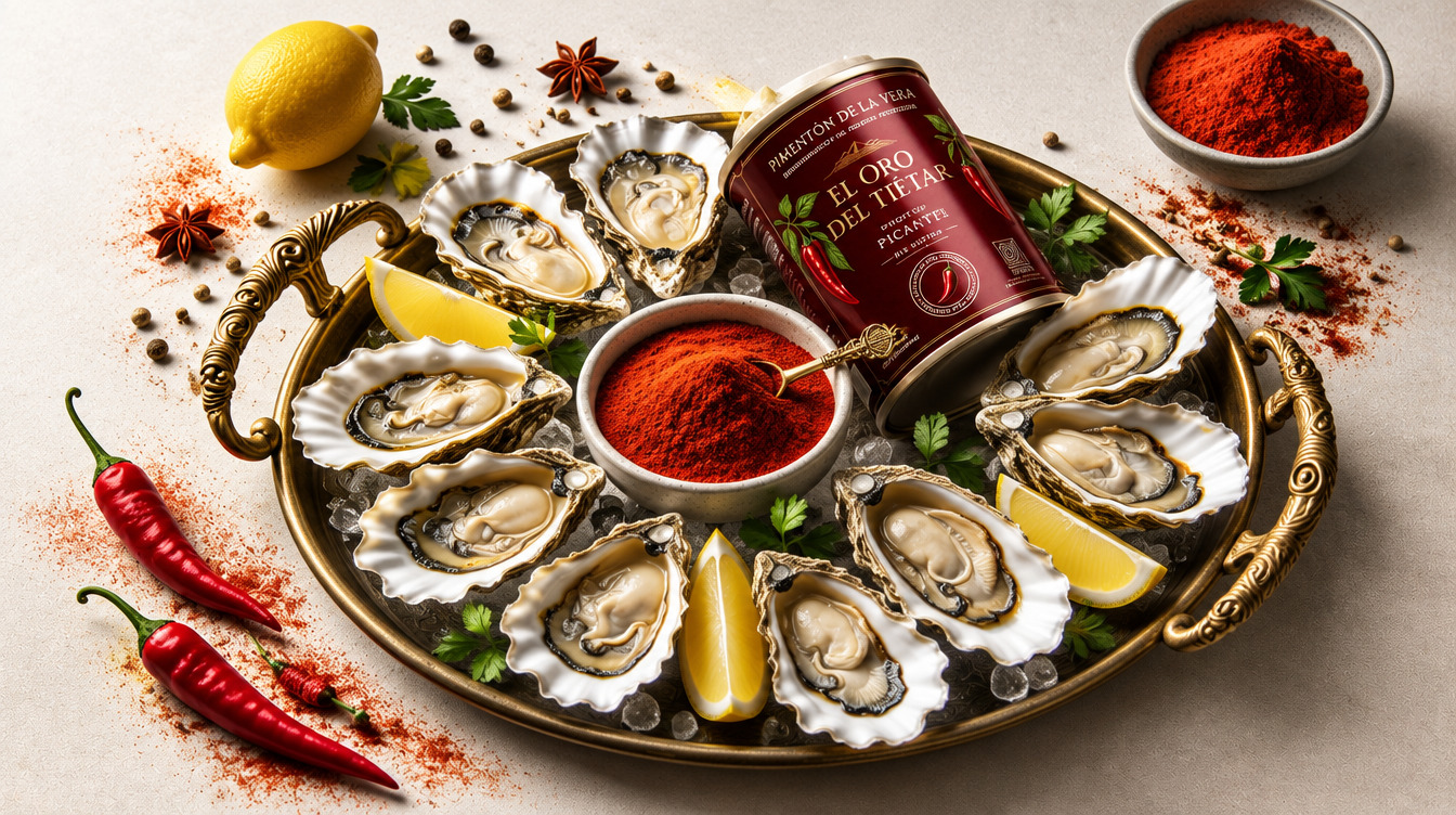 Gourmet platter of oysters on ice with lemon wedges, red spice powder, herbs, and a decorative brass tray.