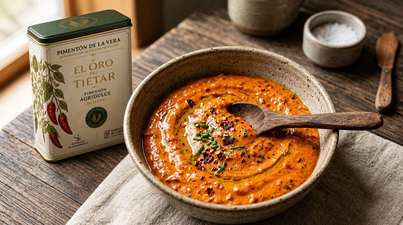 Creamy orange soup in a rustic ceramic bowl with a wooden spoon, garnished with herbs and chili flakes on a wooden table beside a tin of pimentón labeled El Oro del Tiétar.